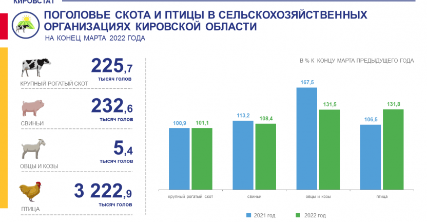 Поголовье скота и птицы в сельскохозяйственных организациях на конец марта 2022 года