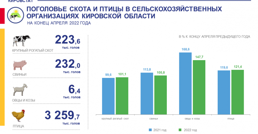 Поголовье скота и птицы в сельскохозяйственных организациях на конец апреля 2022 года