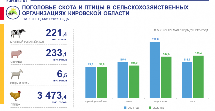 Поголовье скота и птицы в сельскохозяйственных организациях на конец мая 2022 года