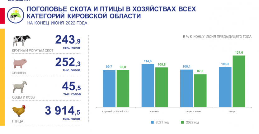 Поголовье скота и птицы в хозяйствах всех категорий на конец июня 2022 года