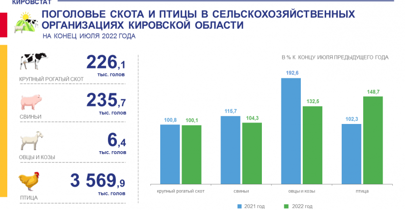 Поголовье скота и птицы в сельскохозяйственных организациях на конец июля 2022 года