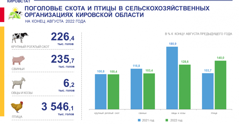 Поголовье скота и птицы в сельскохозяйственных организациях на конец августа 2022 года